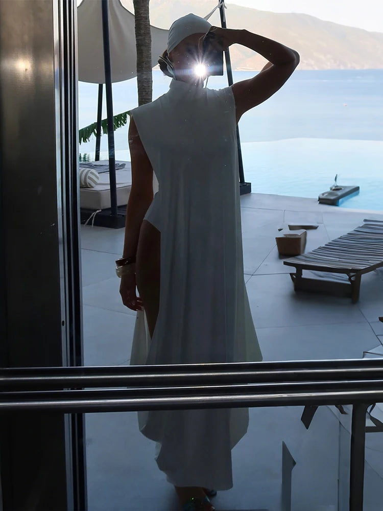 Ensemble femme 2 pièces élégant – body moulant + robe longue fendue plissée sans manches, col montant, style sexy chic automne