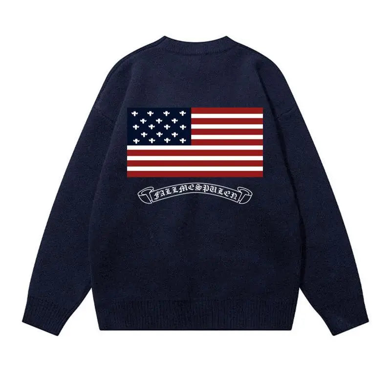 Pull oversize femme Y2K – sweater brodé drapeau américain, style vintage automne/hiver, maille chaude manches longues