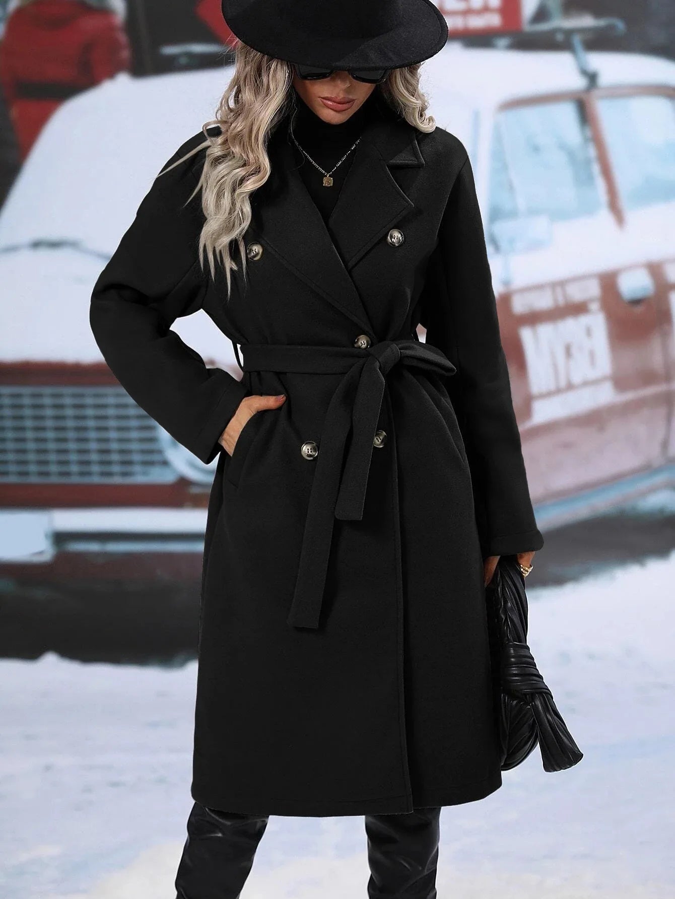 Manteau long femme en laine – double boutonnage, col à revers et ceinture ajustable, style élégant et confortable pour automne & printemps