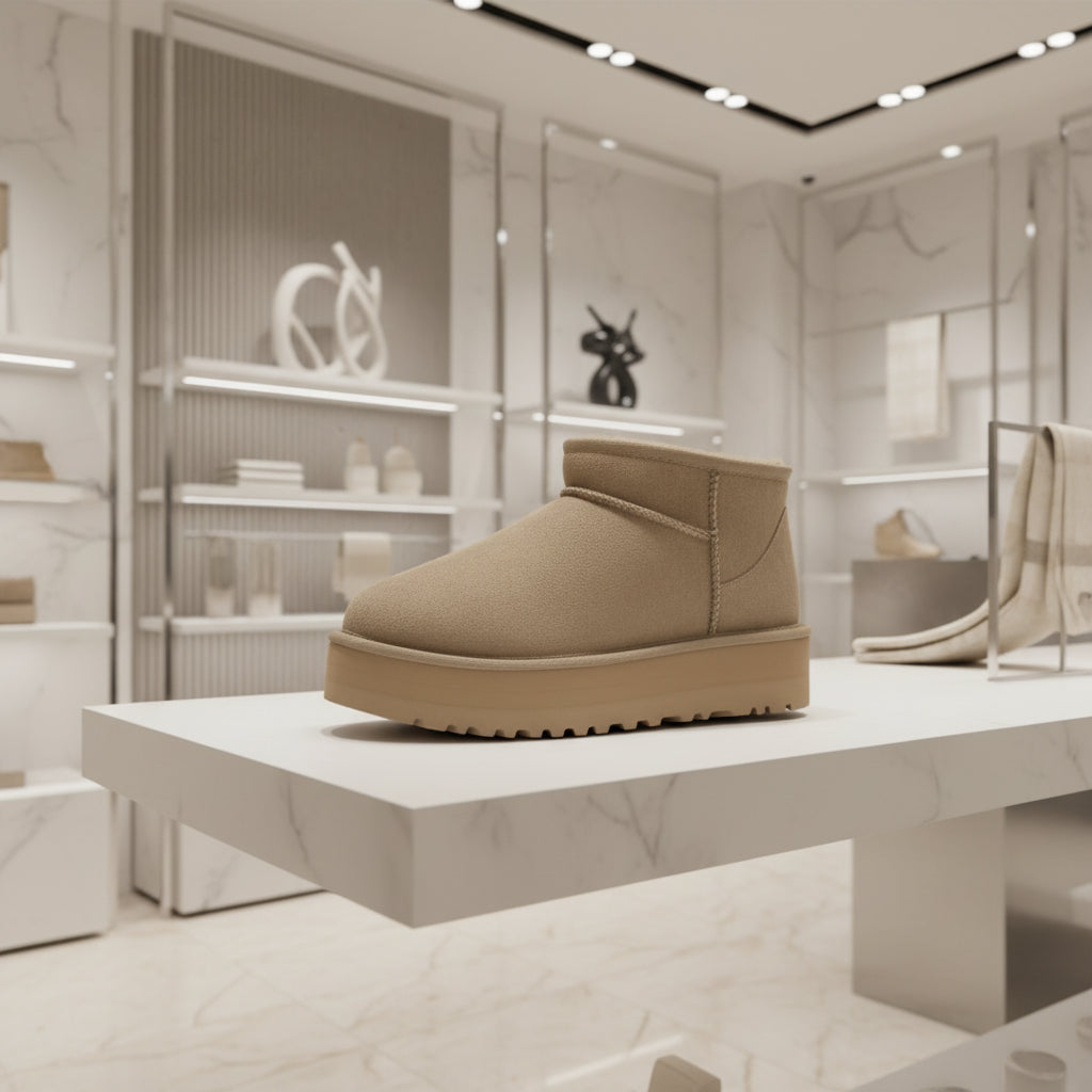 Bottes d’hiver femme en cuir de mouton, modèle ultra mini avec plateforme 5 cm, chaudes et fourrées en laine naturelle.brun 1