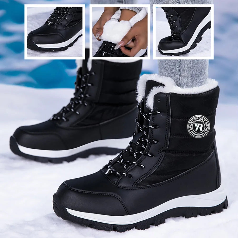 Bottes d’hiver femme portées, modèle montantes fourrées, plateforme chaude et imperméable.