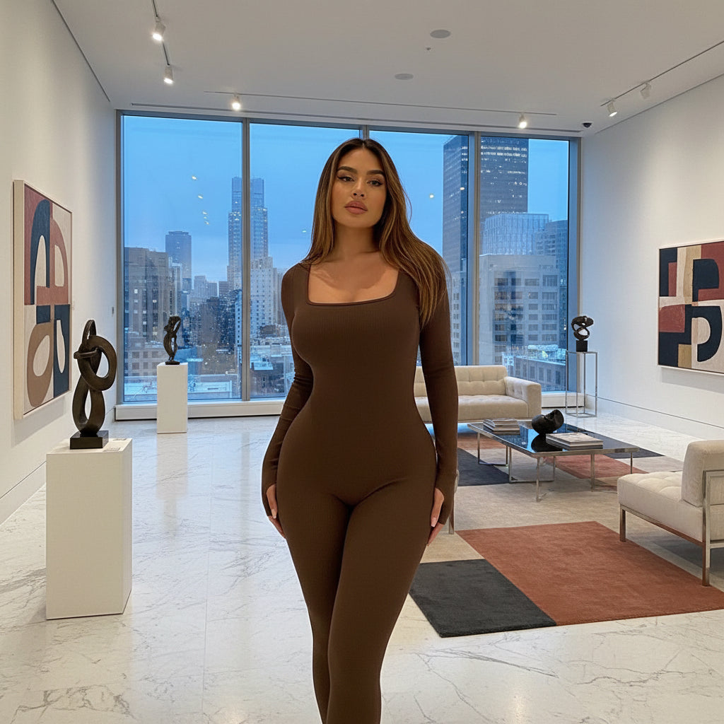 Vue de face de la combinaison de yoga femme, matière extensible et maintien optimal pour le sport.
Marron