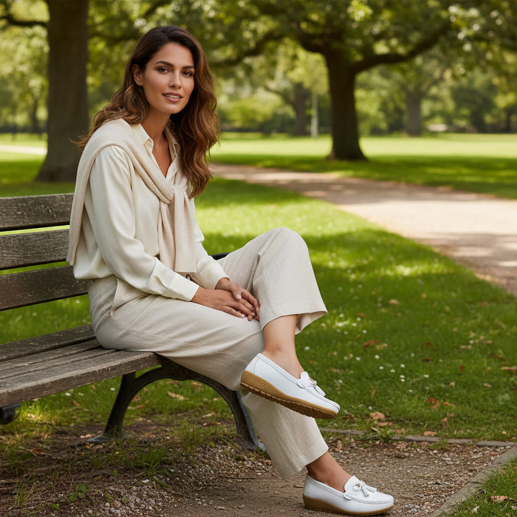 Mocassins femme à enfiler, chaussures plates confortables et antidérapantes, style casual pour un usage quotidien.blanc 1