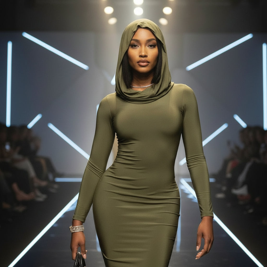 Vue de face de la robe longue femme à capuche, coupe moulante et style streetwear Y2K.vert