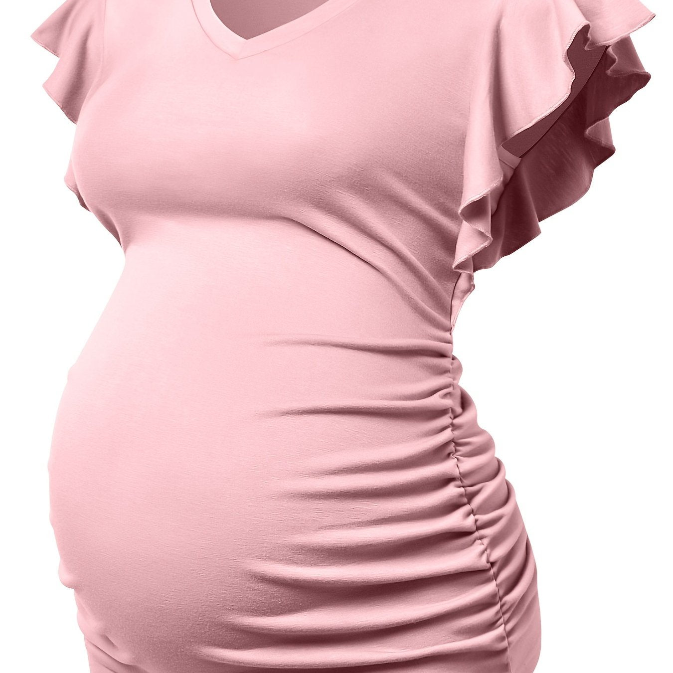 T-shirt de maternité femme – col V, coupe ajustée et volants élégants, haut d’été confortable et décontracté