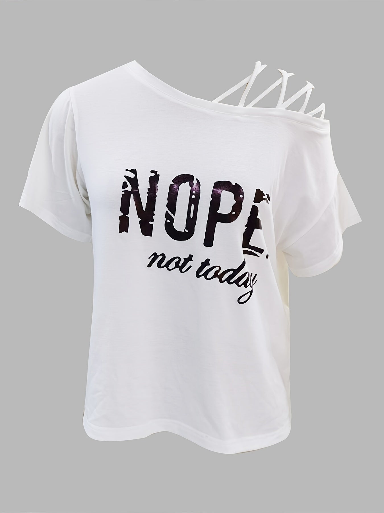 T-shirt femme imprimé “NOPE” – col rond, manches courtes à lanières, style décontracté pour le printemps & l’été