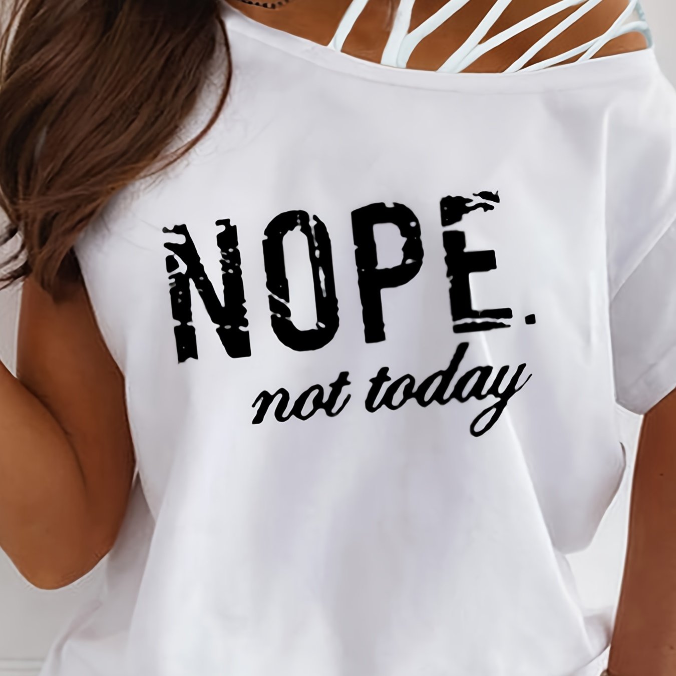 T-shirt femme imprimé “NOPE” – col rond, manches courtes à lanières, style décontracté pour le printemps & l’été