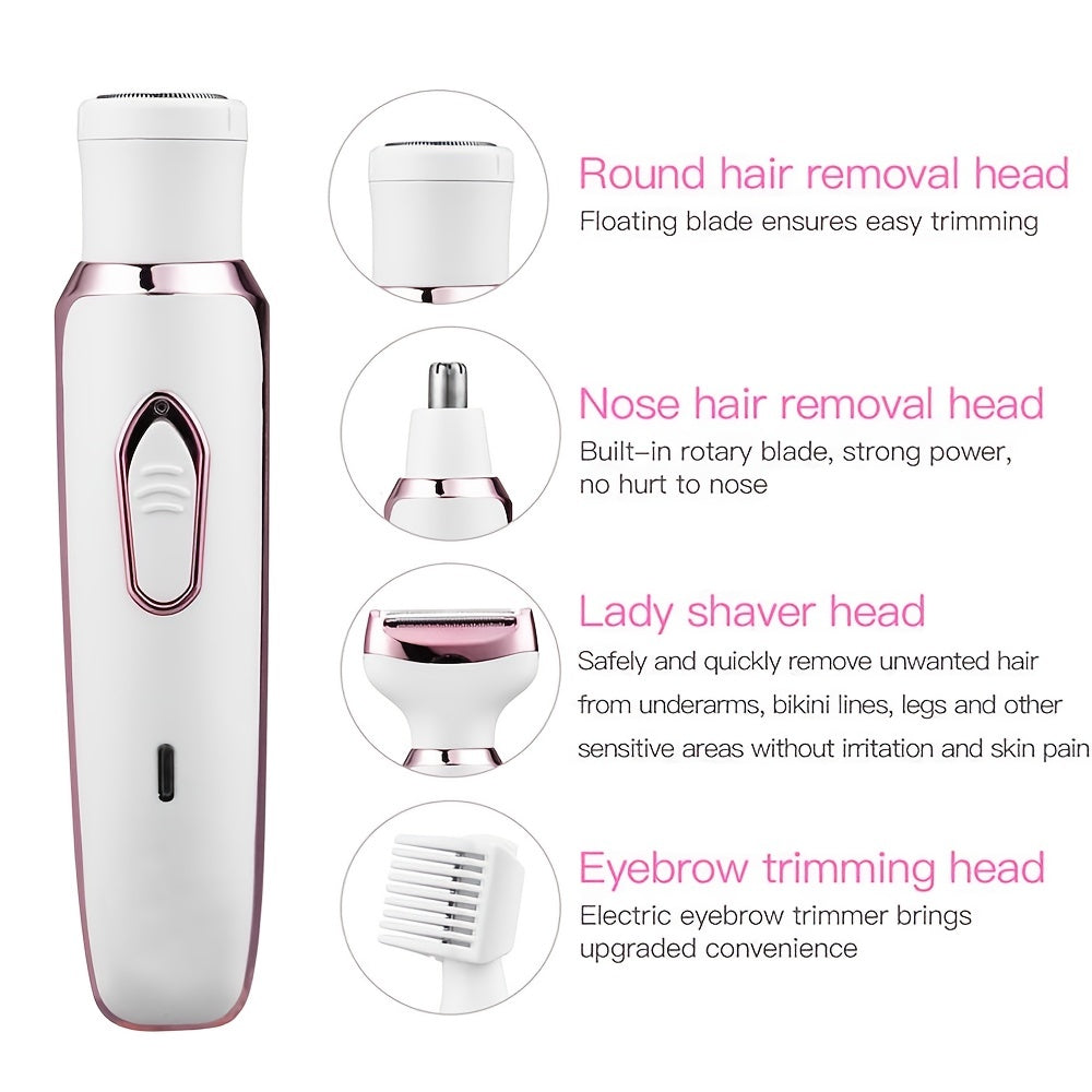 Rasoir électrique femme 4-en-1 – épilateur rechargeable USB, rasage visage, jambes, aisselles & maillot – usage humide et sec