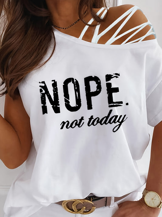 T-shirt femme imprimé “NOPE” – col rond, manches courtes à lanières, style décontracté pour le printemps & l’été