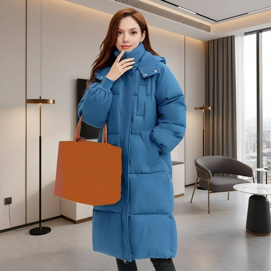 Manteau d’hiver long femme, doudoune épaisse matelassée avec capuche chaude, veste rembourrée en coton pour grand froid.bleu