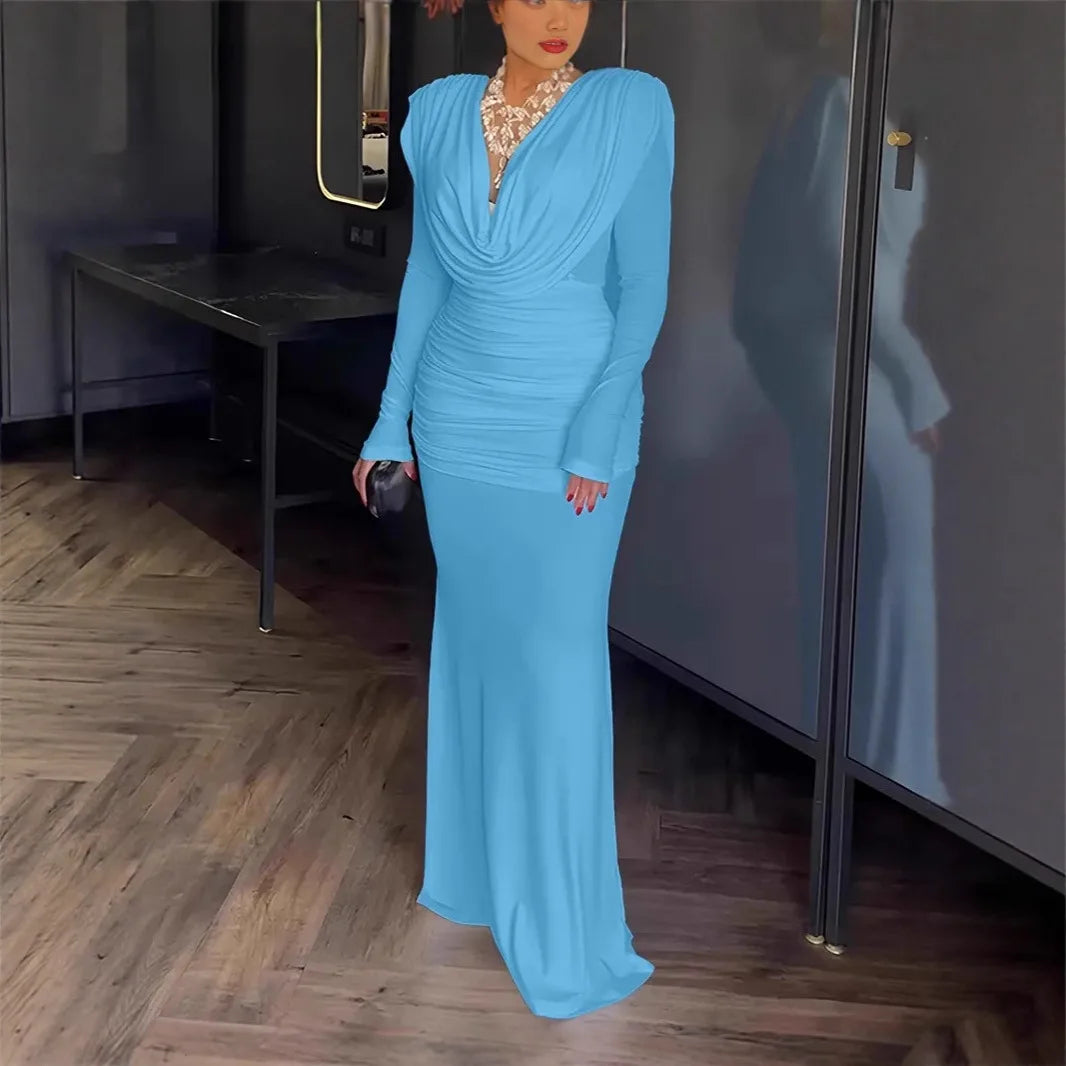 Robe longue élégante pour femme, robe de soirée slim fit avec col V, coupe sirène, taille cintrée et plis raffinés.Bleu