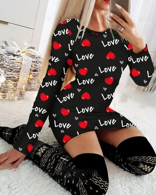 Robe moulante de Noël femme – robe élégante à manches longues, imprimé flocons & renne, style sexy et festif