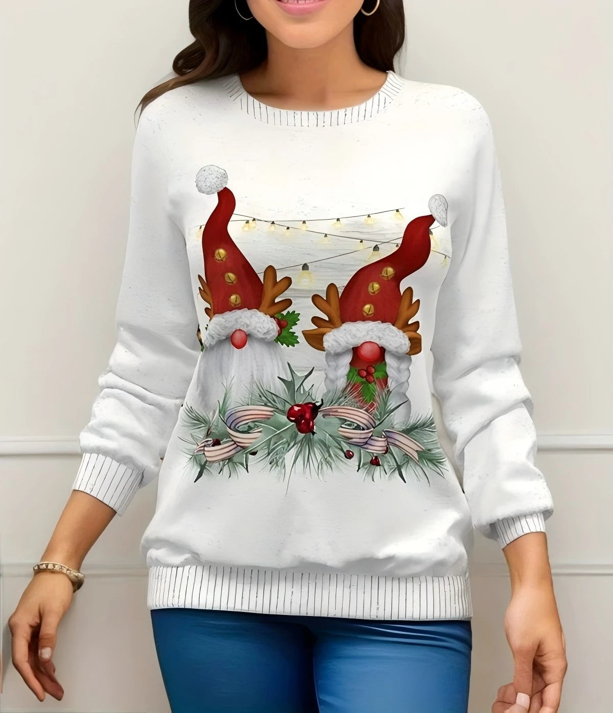 T-shirt femme Noël manches longues – sweatshirt imprimé 3D bonhomme de neige, haut festif streetwear pour hiver & fêtes