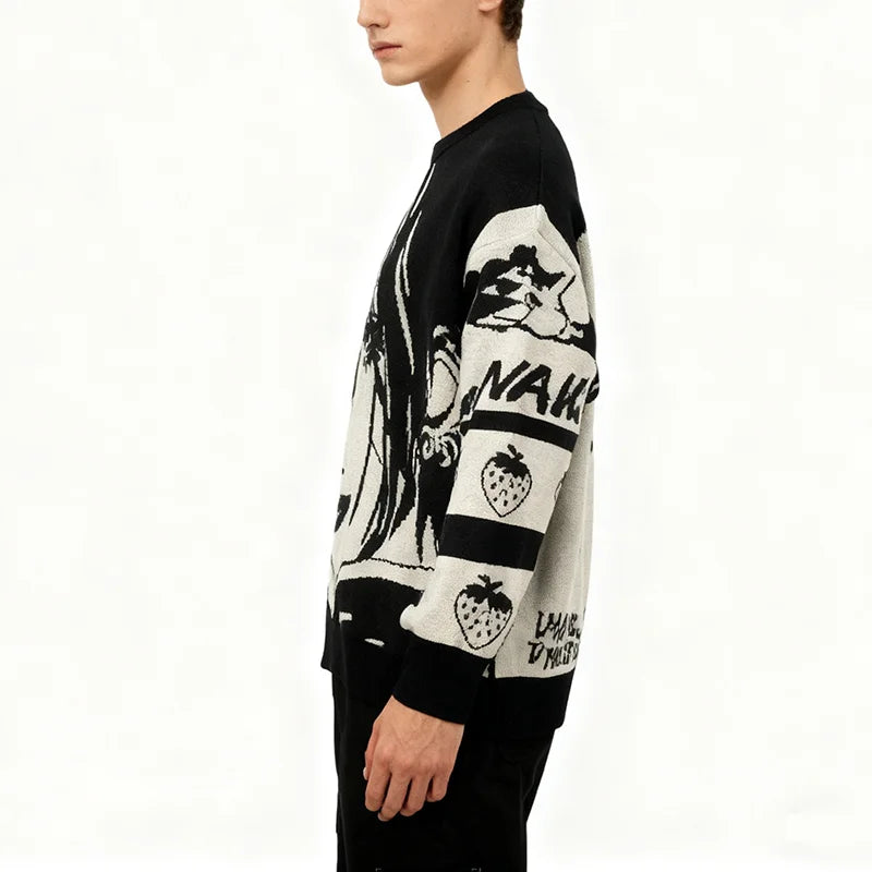 Pull oversize unisexe – sweat tricoté col rond, motif cartoon tendance, style hip-hop ample pour automne & hiver