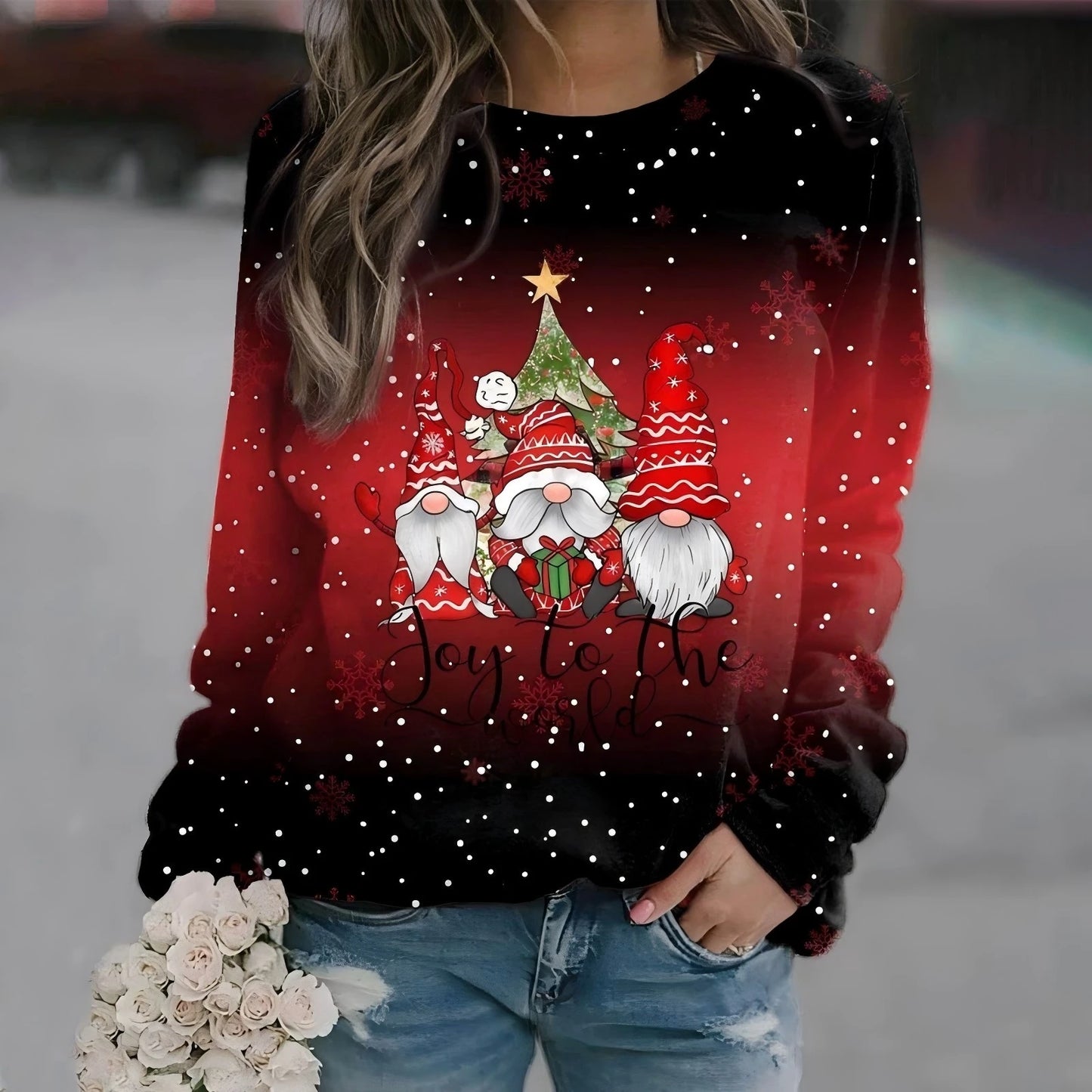 T-shirt femme Noël manches longues – sweatshirt imprimé 3D bonhomme de neige, haut festif streetwear pour hiver & fêtes