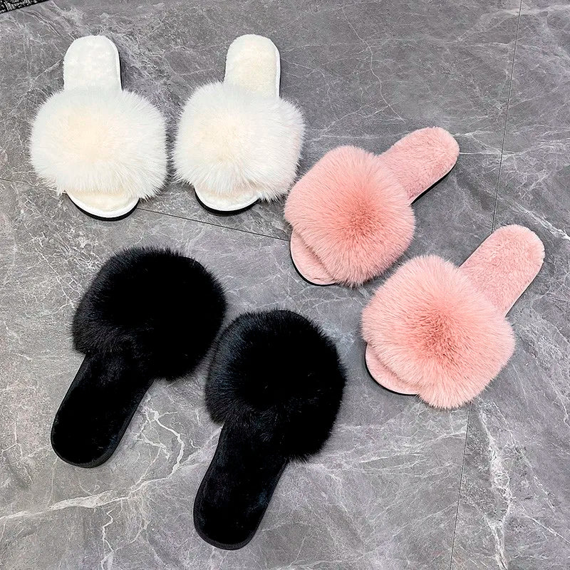 Chaussons femme fourrure – pantoufles d’hiver douces et chaudes, semelle plate confort, chaussures d’intérieur cosy en fausse fourrure
