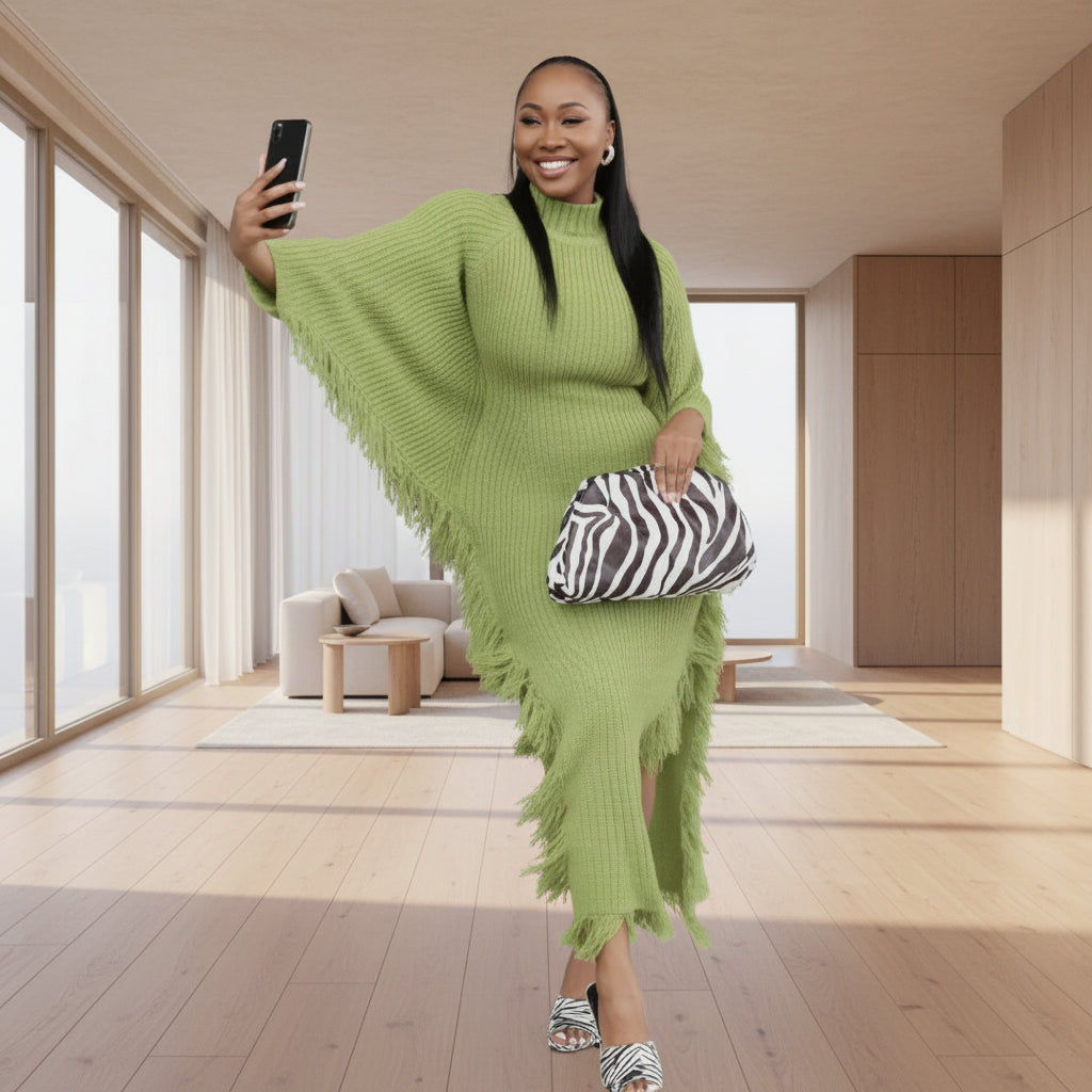 Robe longue tricotée femme – robe pull col montant, manches chauve-souris, coupe ample taille lâche, style élégant automne & été