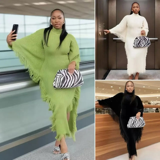 Robe longue tricotée femme – robe pull col montant, manches chauve-souris, coupe ample taille lâche, style élégant automne & été