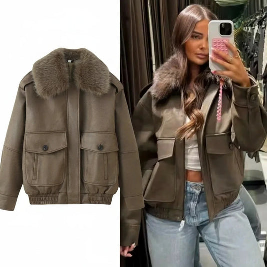 Veste femme imitation daim – veste chaude col en fausse fourrure, coupe zippée à revers, veste hiver élégante avec poches