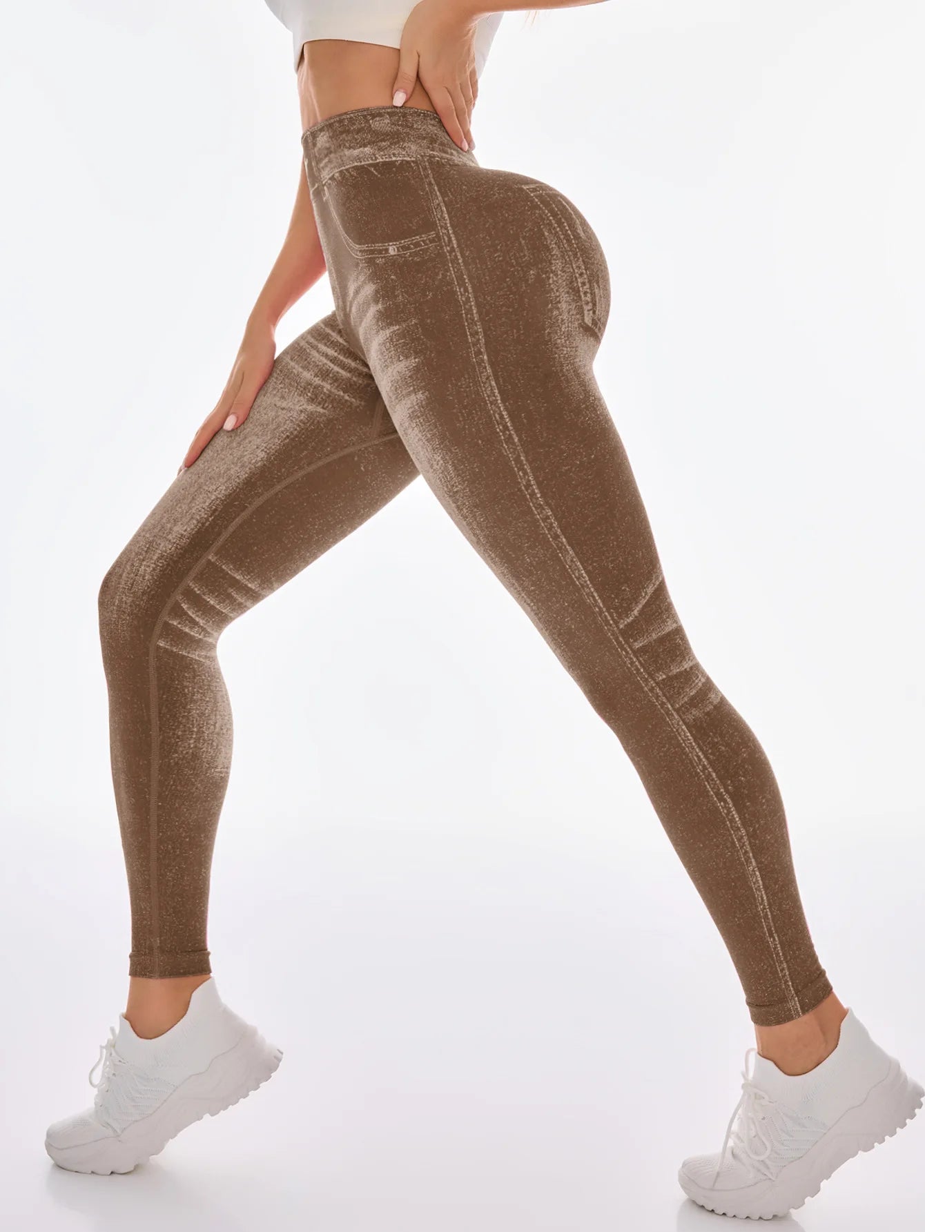 Legging femme imitation jean – taille haute, effet push-up, extensible et sans couture, idéal pour le yoga, le fitness et le quotidien