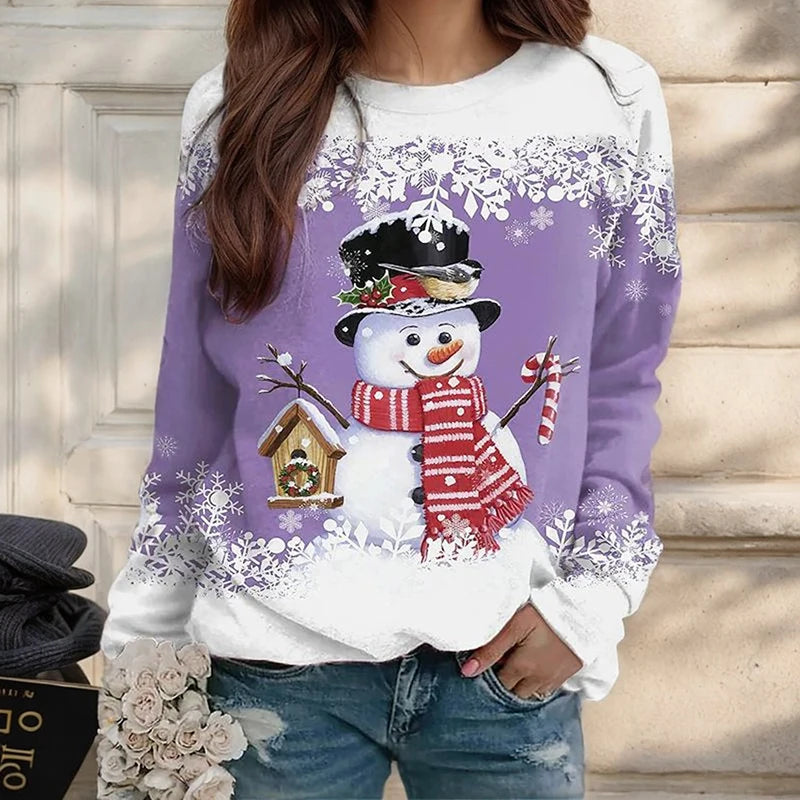 T-shirt femme Noël manches longues – sweatshirt imprimé 3D bonhomme de neige, haut festif streetwear pour hiver & fêtes