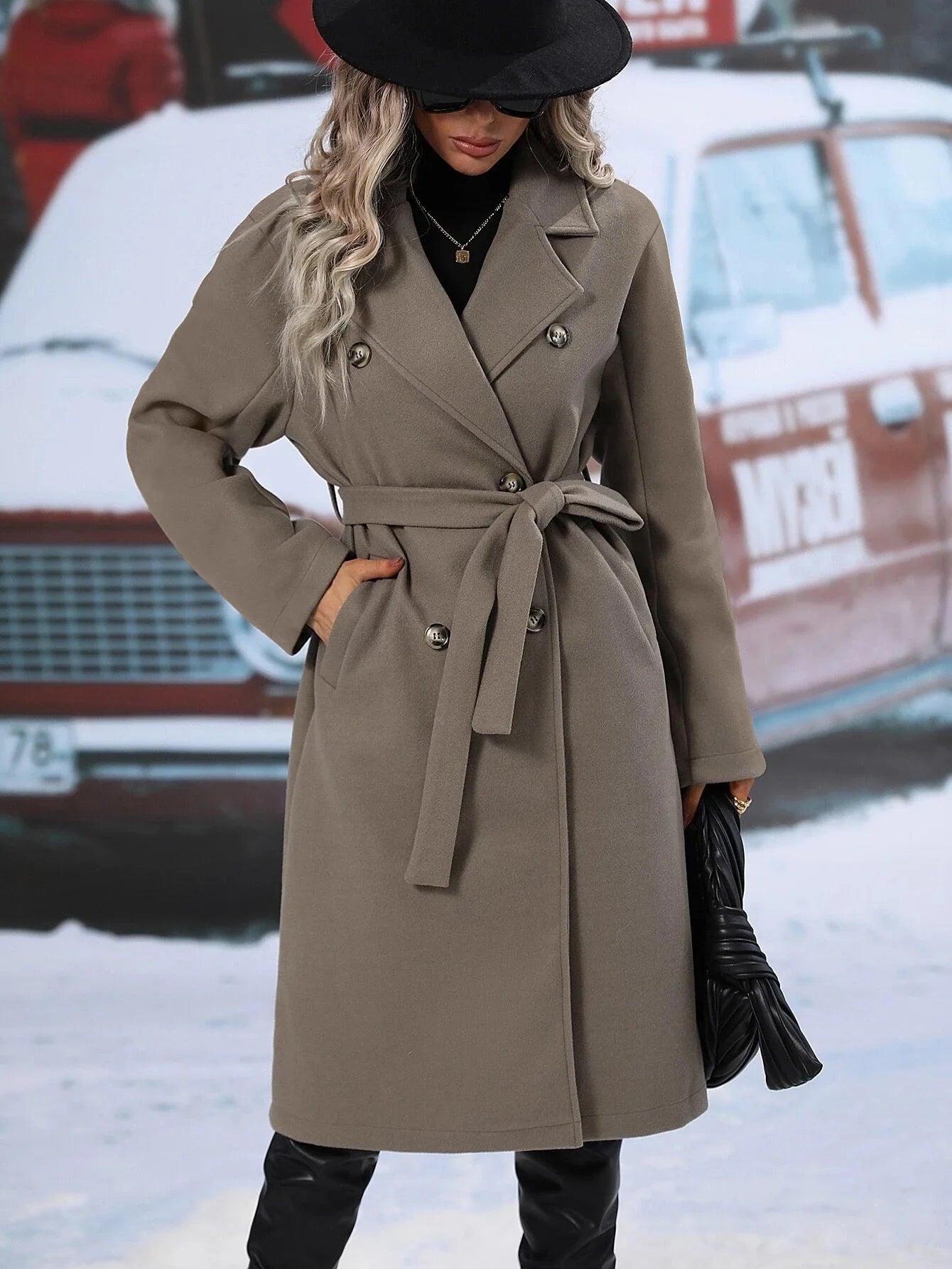 Manteau long femme en laine – double boutonnage, col à revers et ceinture ajustable, style élégant et confortable pour automne & printemps