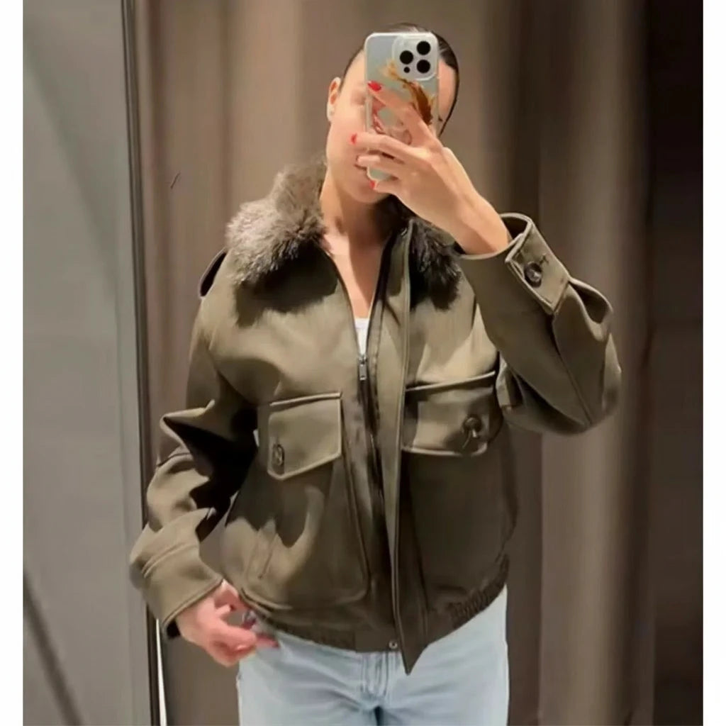 Veste femme imitation daim – veste chaude col en fausse fourrure, coupe zippée à revers, veste hiver élégante avec poches