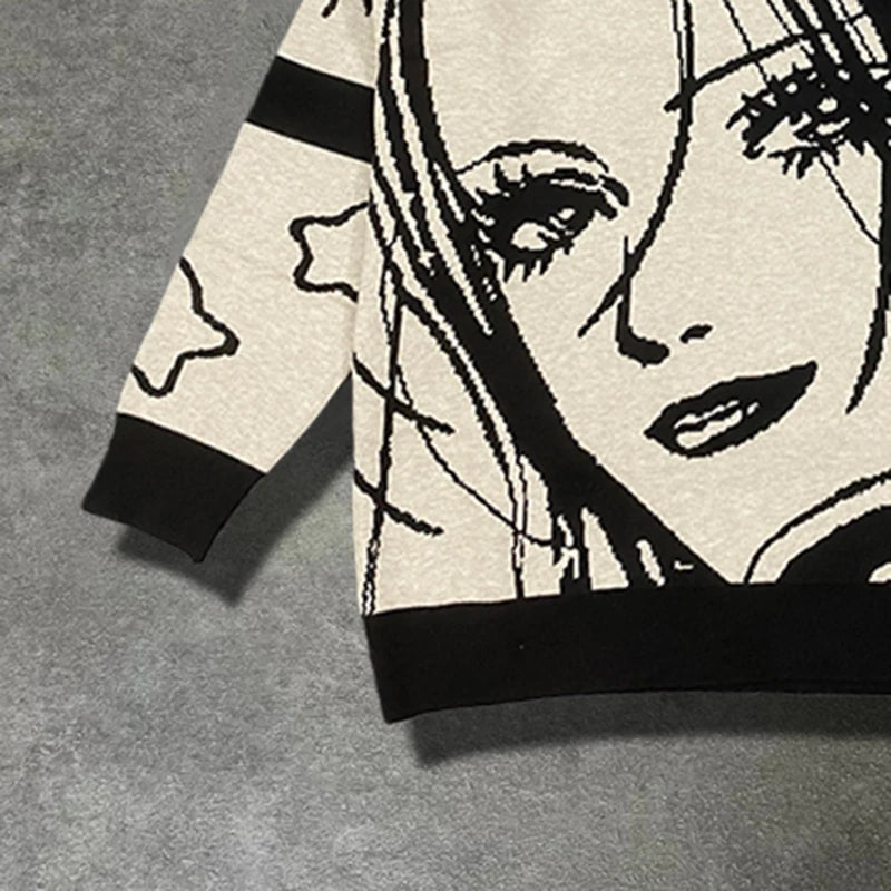 Pull oversize unisexe – sweat tricoté col rond, motif cartoon tendance, style hip-hop ample pour automne & hiver