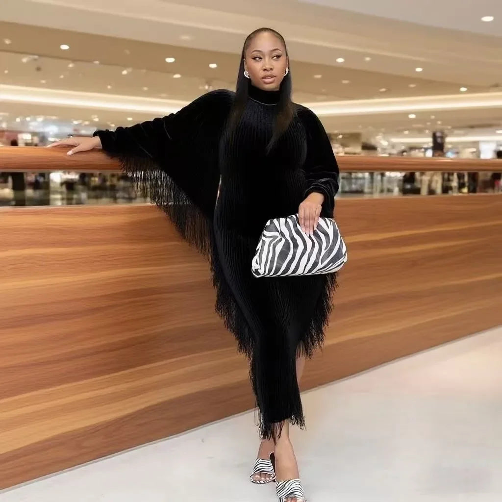 Robe longue tricotée femme – robe pull col montant, manches chauve-souris, coupe ample taille lâche, style élégant automne & été