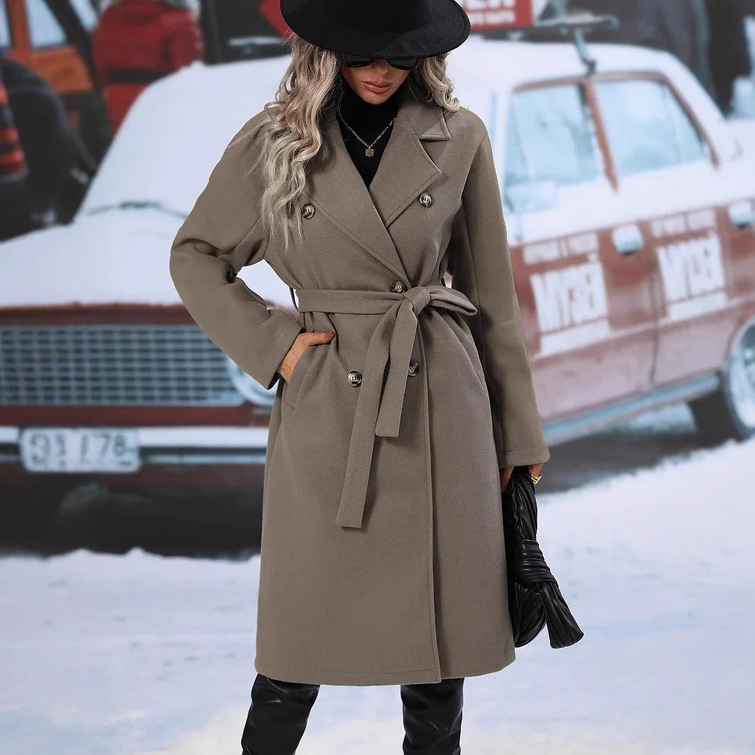 Manteau long femme en laine – double boutonnage, col à revers et ceinture ajustable, style élégant et confortable pour automne & printemps