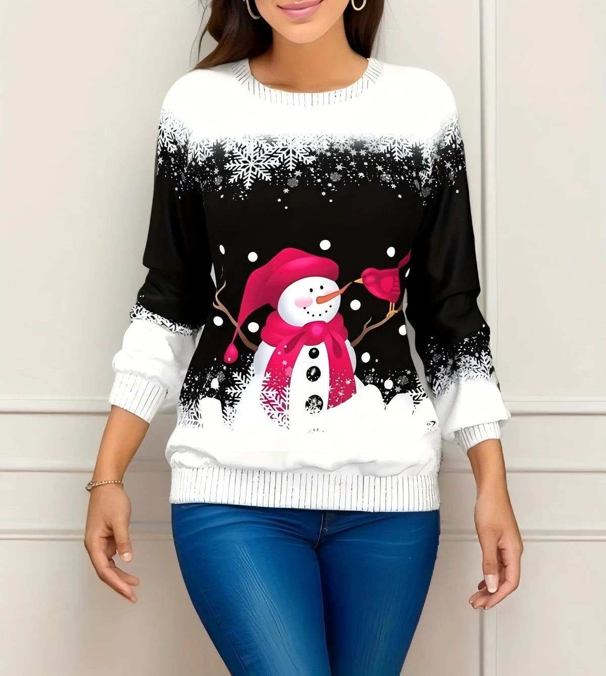 T-shirt femme Noël manches longues – sweatshirt imprimé 3D bonhomme de neige, haut festif streetwear pour hiver & fêtes