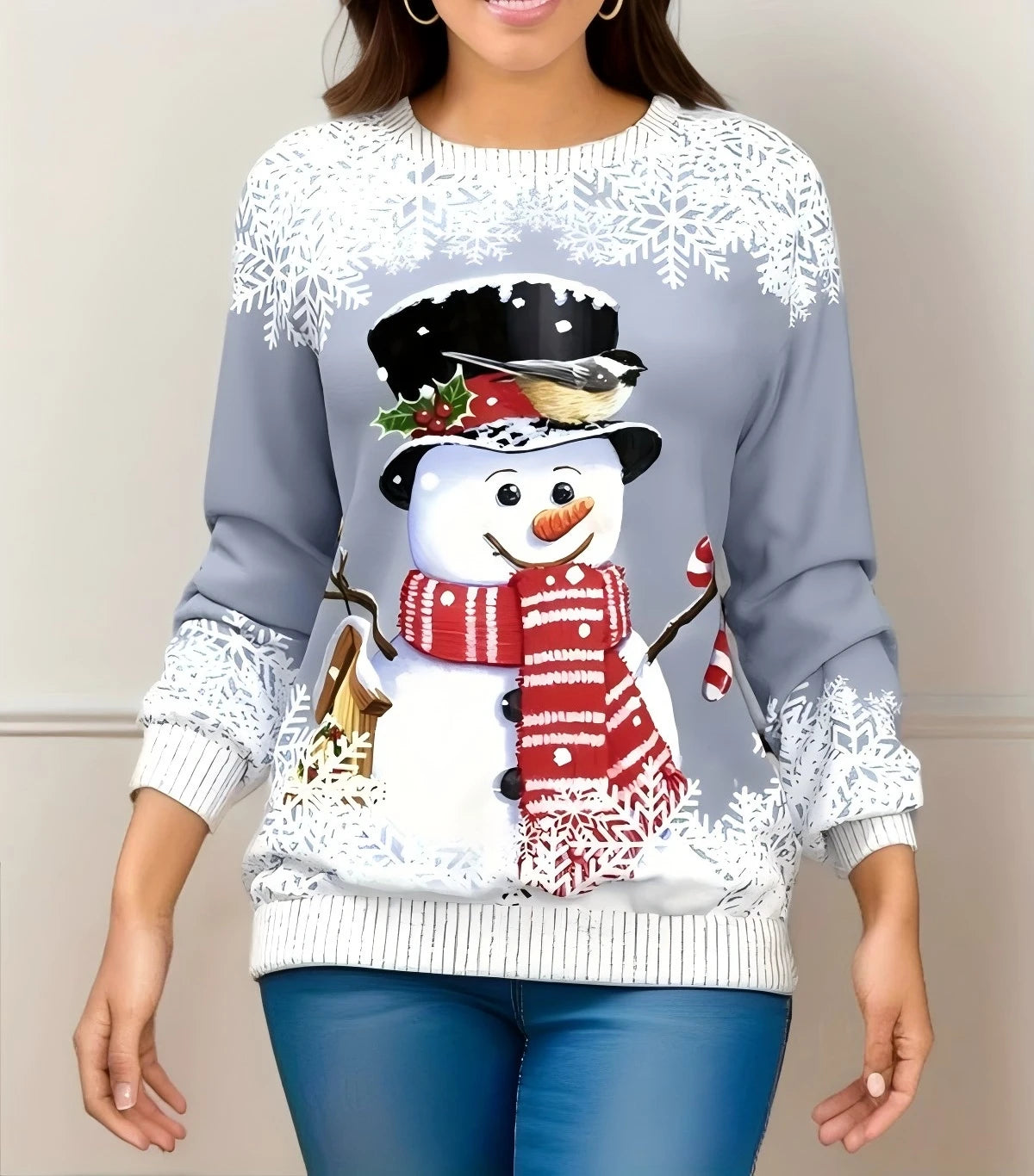 T-shirt femme Noël manches longues – sweatshirt imprimé 3D bonhomme de neige, haut festif streetwear pour hiver & fêtes