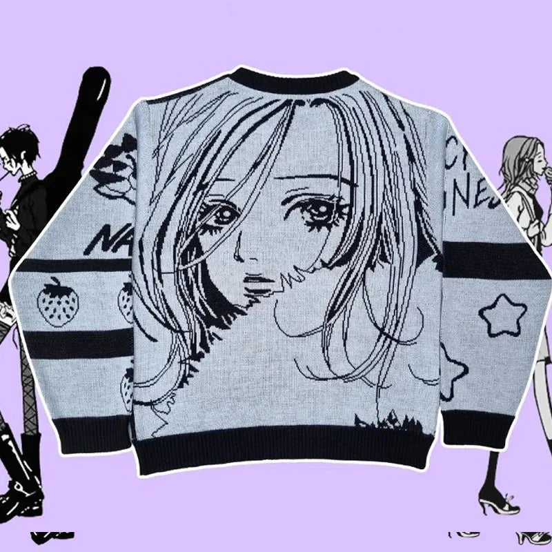 Pull oversize unisexe – sweat tricoté col rond, motif cartoon tendance, style hip-hop ample pour automne & hiver