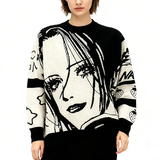 Pull oversize unisexe – sweat tricoté col rond, motif cartoon tendance, style hip-hop ample pour automne & hiver