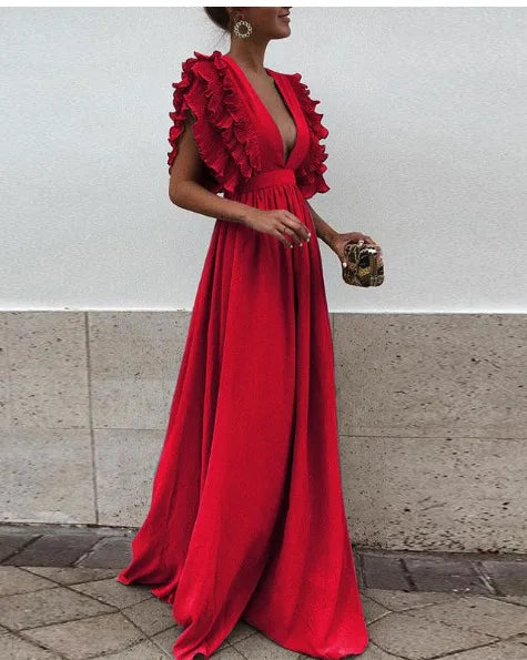 Robe de soirée femme 2025 – décolleté plongeant, manches volantes, taille haute plissée et coupe longue élégante