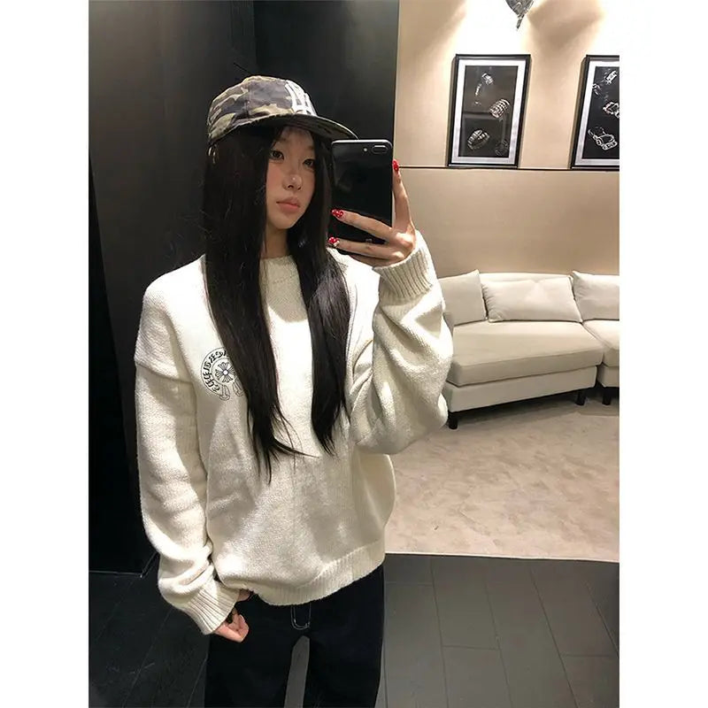 Pull oversize femme Y2K – sweater brodé drapeau américain, style vintage automne/hiver, maille chaude manches longues