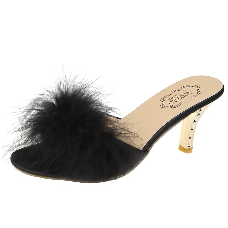 Mules à talons femme – sandales d’été chic avec plumes, bout carré, style élégant pour bureau & sorties, disponible jusqu’à la taille 43