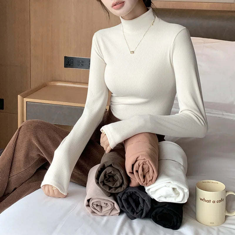 Sous-pull femme col roulé – haut manches longues slim fit, maille douce et chaude, top basique d’hiver pour superposition