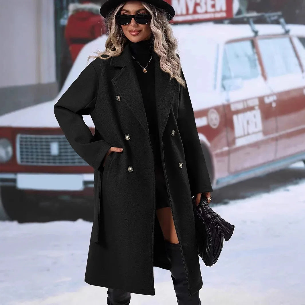 Manteau long femme en laine – double boutonnage, col à revers et ceinture ajustable, style élégant et confortable pour automne & printemps