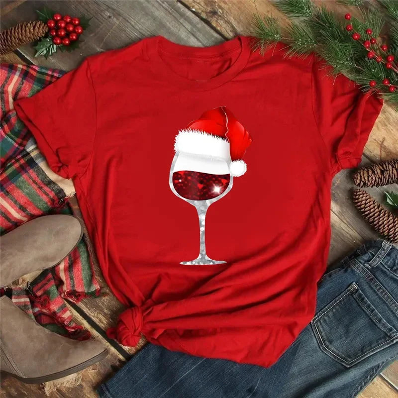 T-shirt Noël femme – t-shirt noir imprimé verre de vin & bonnet de Noël, top festif cartoon style Harajuku, idée cadeau fun