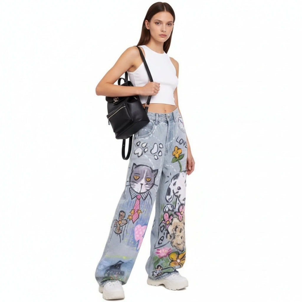 Jean baggy femme Y2K – jean large droit vintage, coupe loose high street avec imprimés doodle, style américain casual