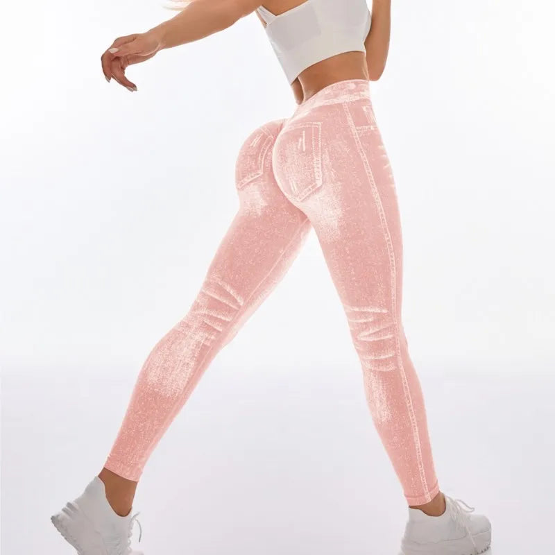 Legging femme imitation jean – taille haute, effet push-up, extensible et sans couture, idéal pour le yoga, le fitness et le quotidien