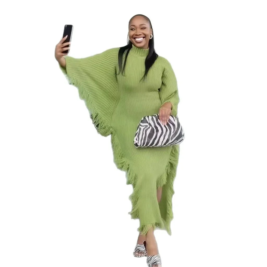 Robe longue tricotée femme – robe pull col montant, manches chauve-souris, coupe ample taille lâche, style élégant automne & été