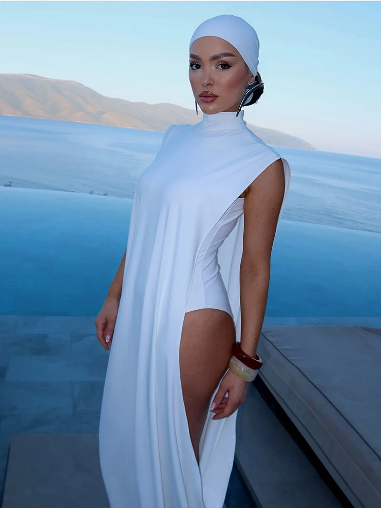 Ensemble femme 2 pièces élégant – body moulant + robe longue fendue plissée sans manches, col montant, style sexy chic automne