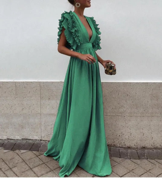 Robe de soirée femme 2025 – décolleté plongeant, manches volantes, taille haute plissée et coupe longue élégante