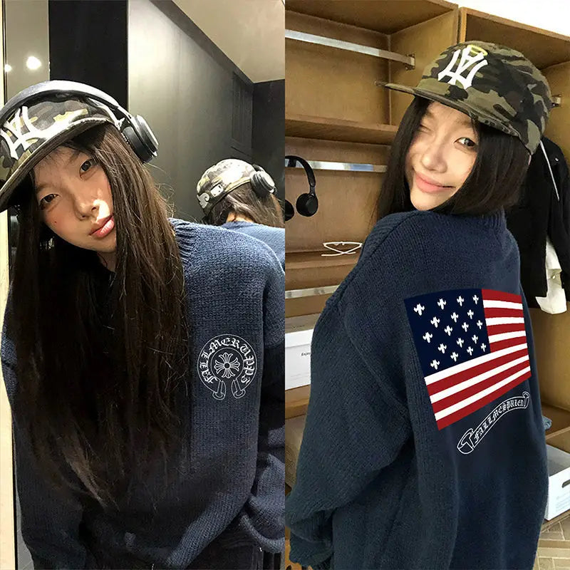 Pull oversize femme Y2K – sweater brodé drapeau américain, style vintage automne/hiver, maille chaude manches longues