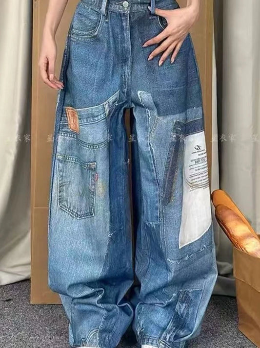 Jean large femme style Y2K – jean taille haute oversize, patchwork imprimé, coupe wide leg high street vintage