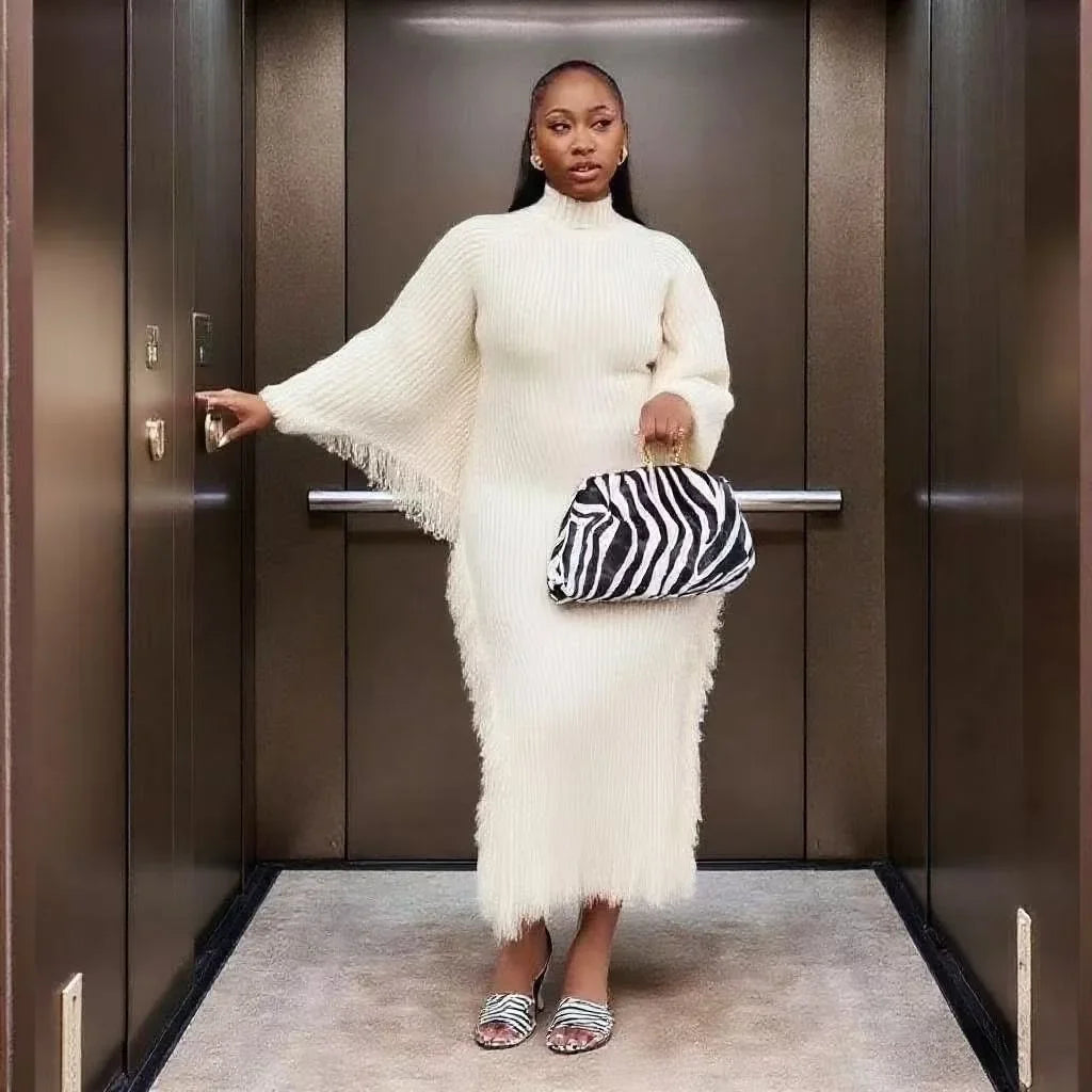 Robe longue tricotée femme – robe pull col montant, manches chauve-souris, coupe ample taille lâche, style élégant automne & été