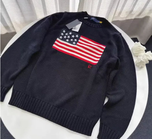 Pull oversize femme Y2K – sweater brodé drapeau américain, style vintage automne/hiver, maille chaude manches longues