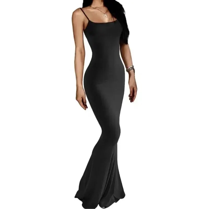 Robe longue sirène femme – robe d’été sexy sans manches, coupe moulante extensible, bretelles fines & effet push-up fessier